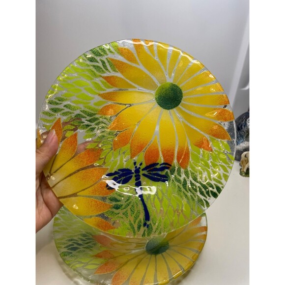 Sydenstricker Fused Glass Plate Handmade signed Orange Flower & Dragonfly - Picture 6 of 9